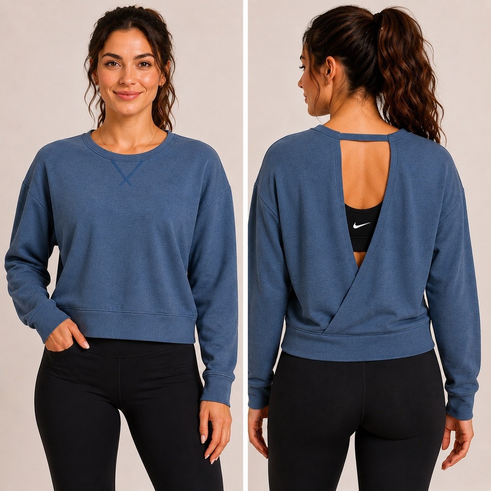 Nike Dri Fit Yoga Wrap Front Open Back Pullover Teal Blue Size M
